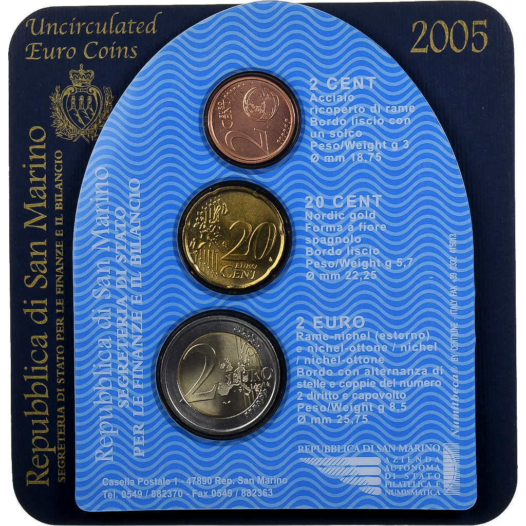 San Marino, Set 2cts, 20 cts, 2 Euro, Coin card, 2005, Rome, N.C., SPL