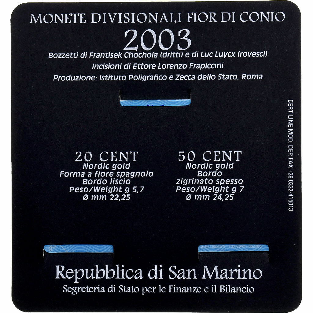 San Marino, Set 20 cts. & 50 cts., Coin card, 2003, Rome, Nordic gold, MS(63)
