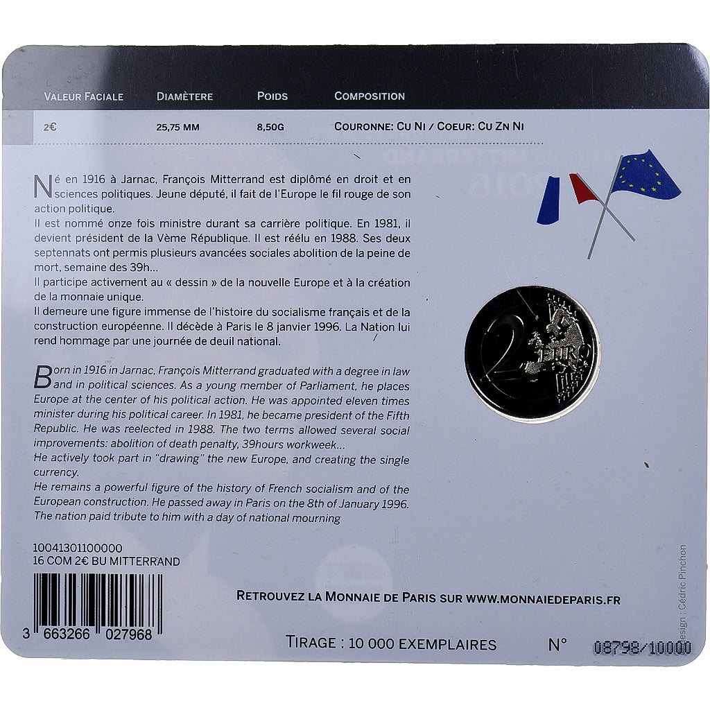 France, 2 Euro, François Mitterrand, BU, 2016, MDP, Bimétallique, FDC