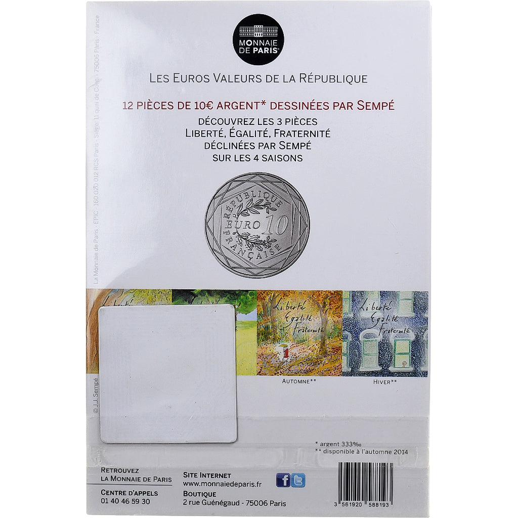 France, 10 Euro, Sempé - Été - Fraternité, 2014, MDP, Silver, MS(65-70)