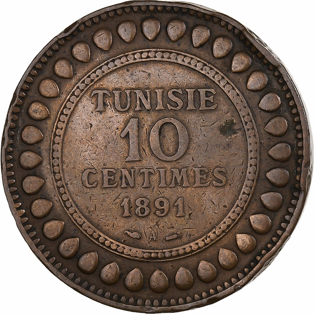 Tunisie, Ali III, 10 Centimes, AH 1308/1891, Paris, Cuivre, TB+
