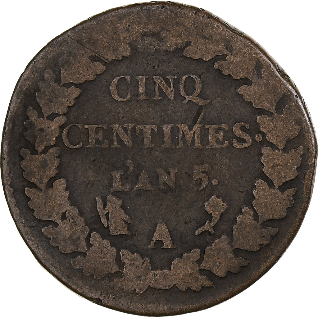 Francia, 5 Centimes, Dupré, AN 5, Paris, Cobre, BC+