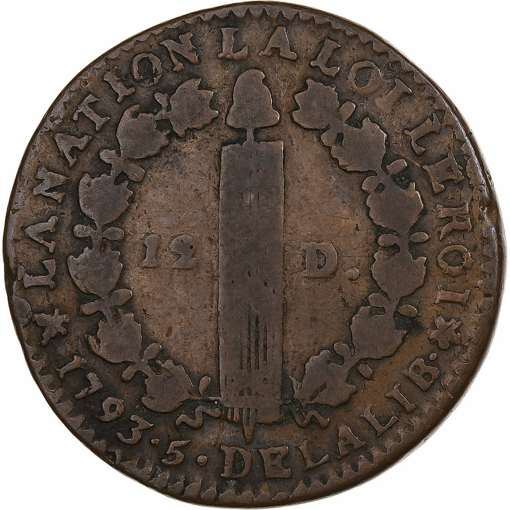 France, Louis XVI, 12 deniers François, 1793 / AN 5, Bayonne, Cuivre, B+