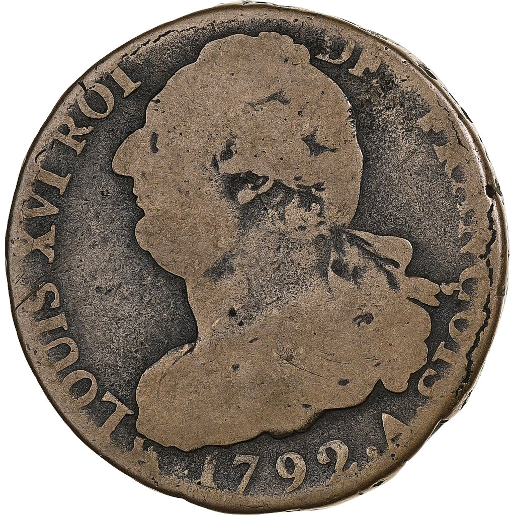 France, Louis XVI, 2 sols François, 1792, Paris, Métal de cloche, B+