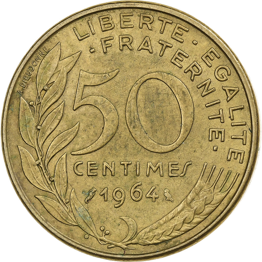 França, 50 Centimes, Marianne, 1964, Paris, Alumínio-Bronze, EF(40-45)