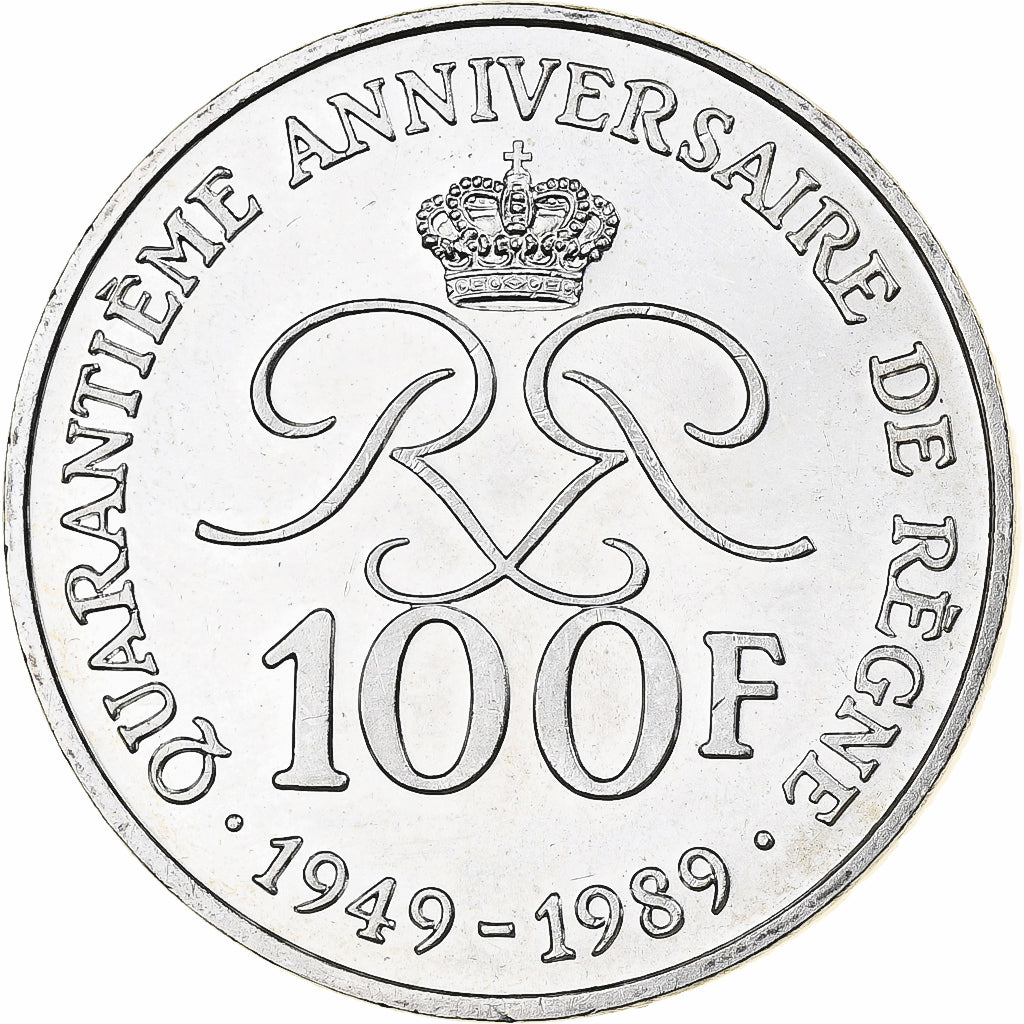 Monaco, Rainier III, 100 Francs, 40th Anniversary of reign, 1989, MDP, Silver