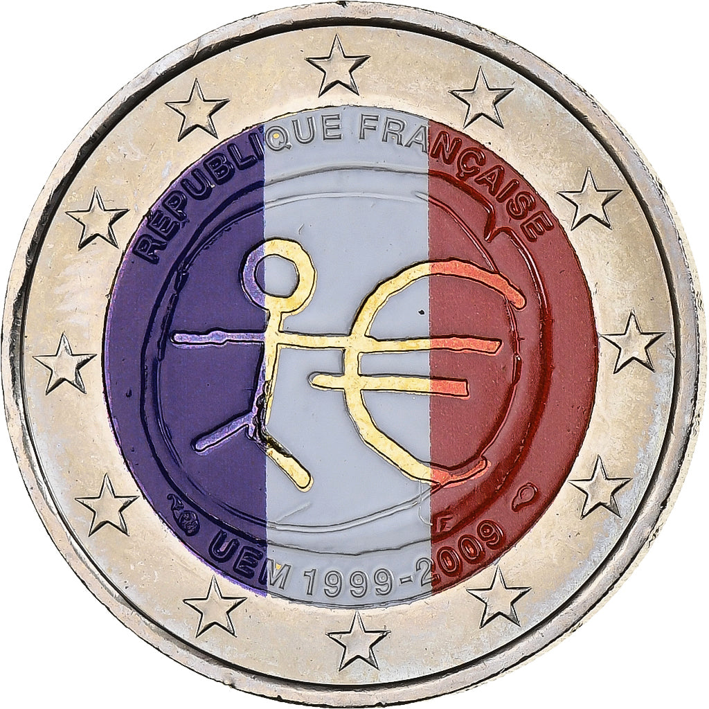 Francja, 2 Euro, 10 Years of EMU, Colourized, 2009, MDP, Bimetaliczny, MS(65-70)