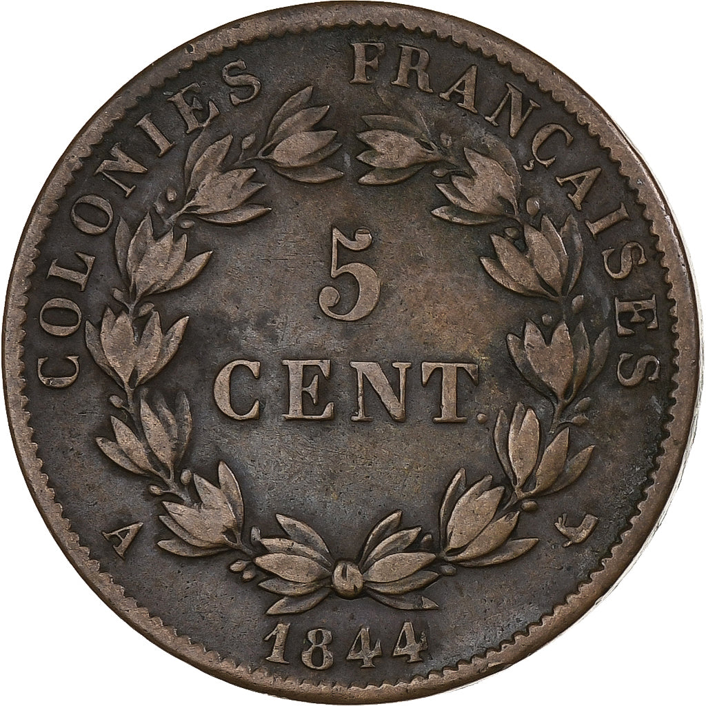 French Antilles, Louis-Philippe I, 5 Cents, 1844, Paris, Bronze, SS