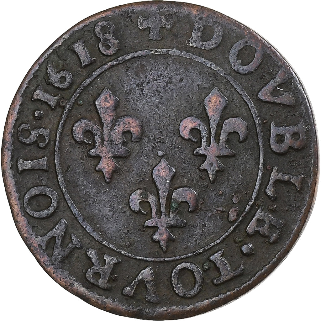 Frankrijk, Louis XIII, Double Tournois, 1618, Bordeaux, Koper, FR+, CGKL:276