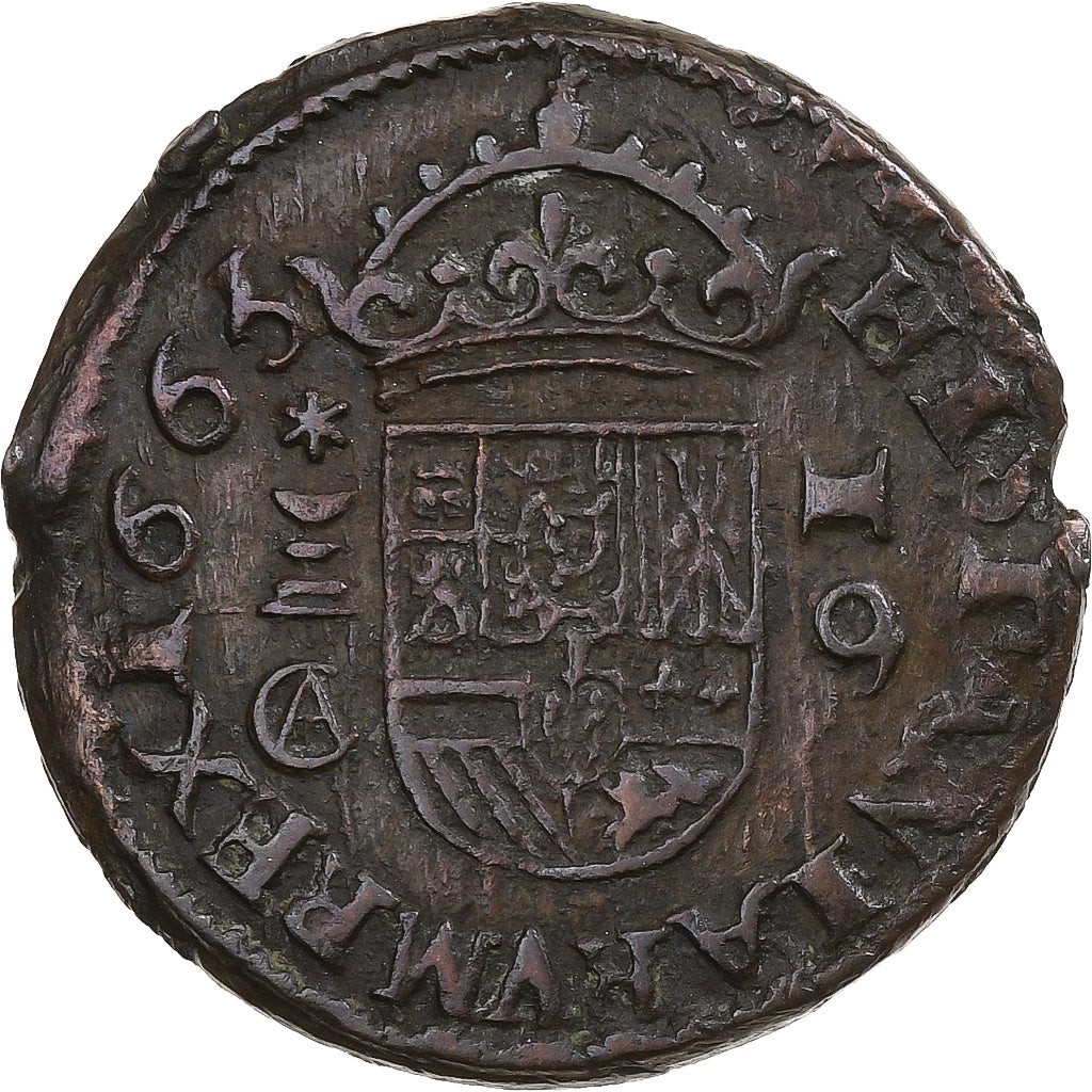 Hiszpania, Philip IV, 16 Maravedis, 1663, Cuenca, Miedź, VF(30-35), KM:172.3