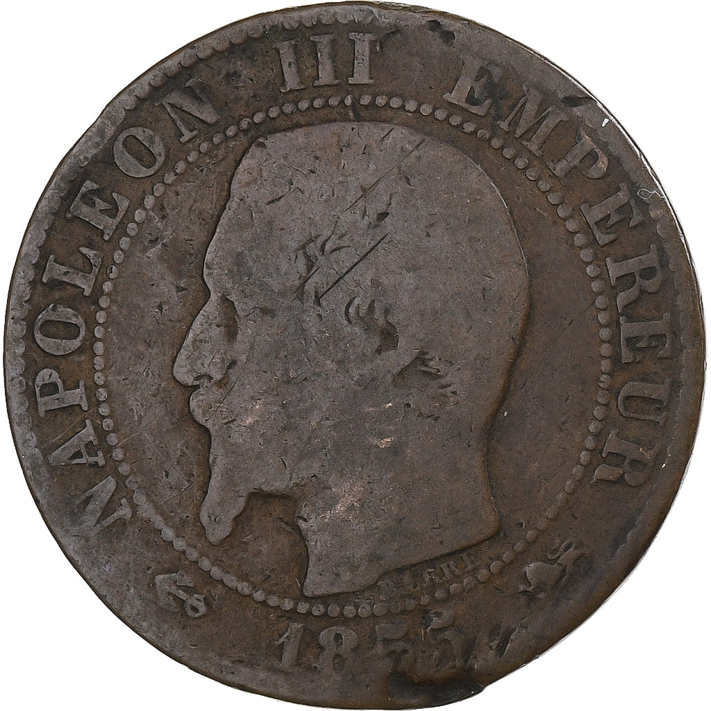 França, Napoleon III, 5 Centimes, 1855, Lyon, Bronze, F(12-15)