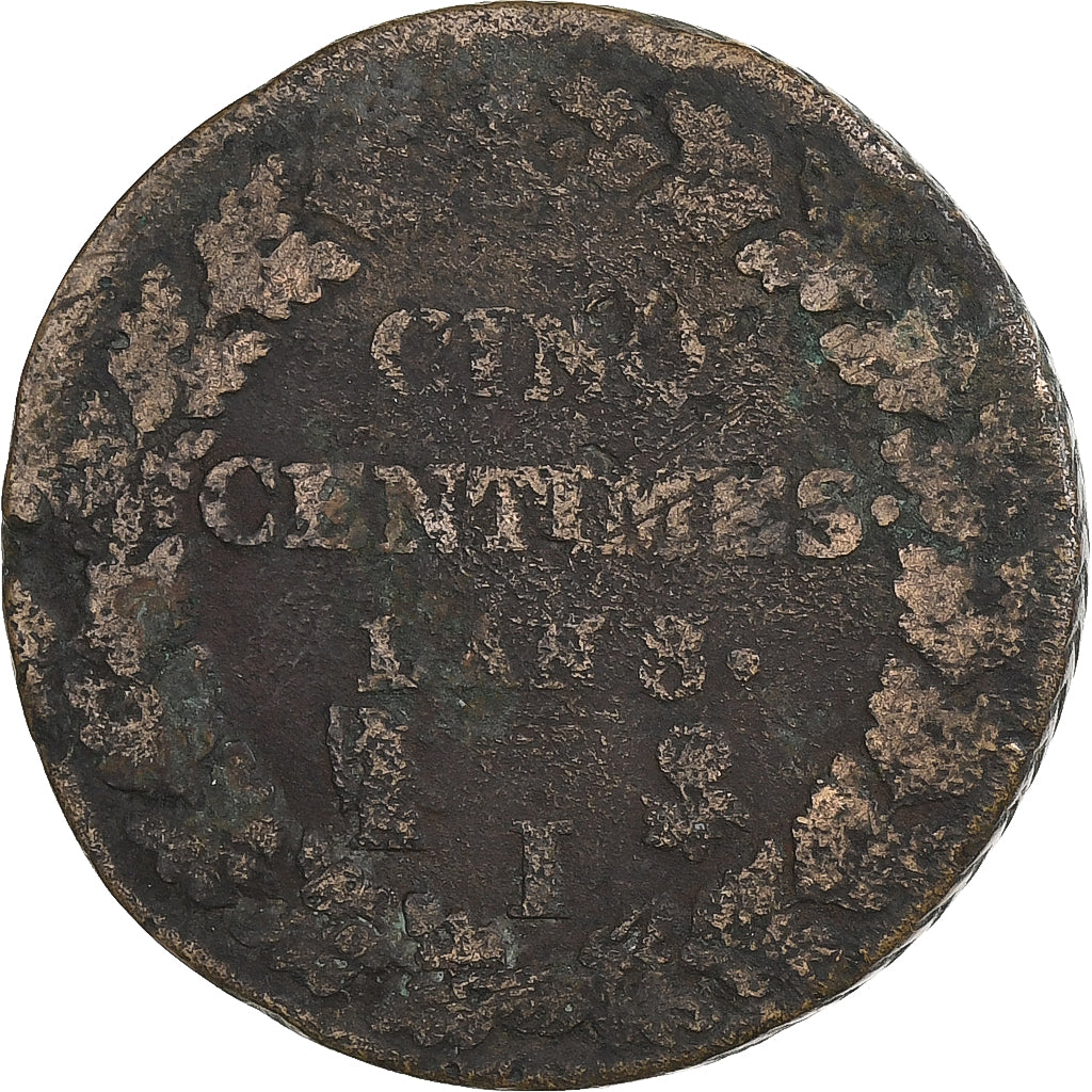França, 5 Centimes, Dupré, AN 8, Limoges, Cobre, VF(20-25)