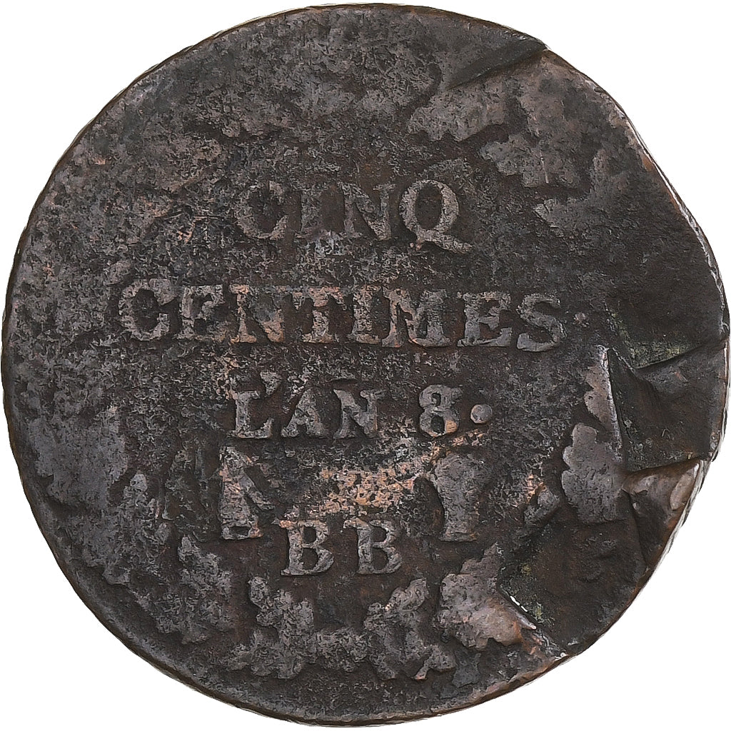 France, 5 Centimes, Dupré, AN 8/5, Strasbourg, Cuivre, B+