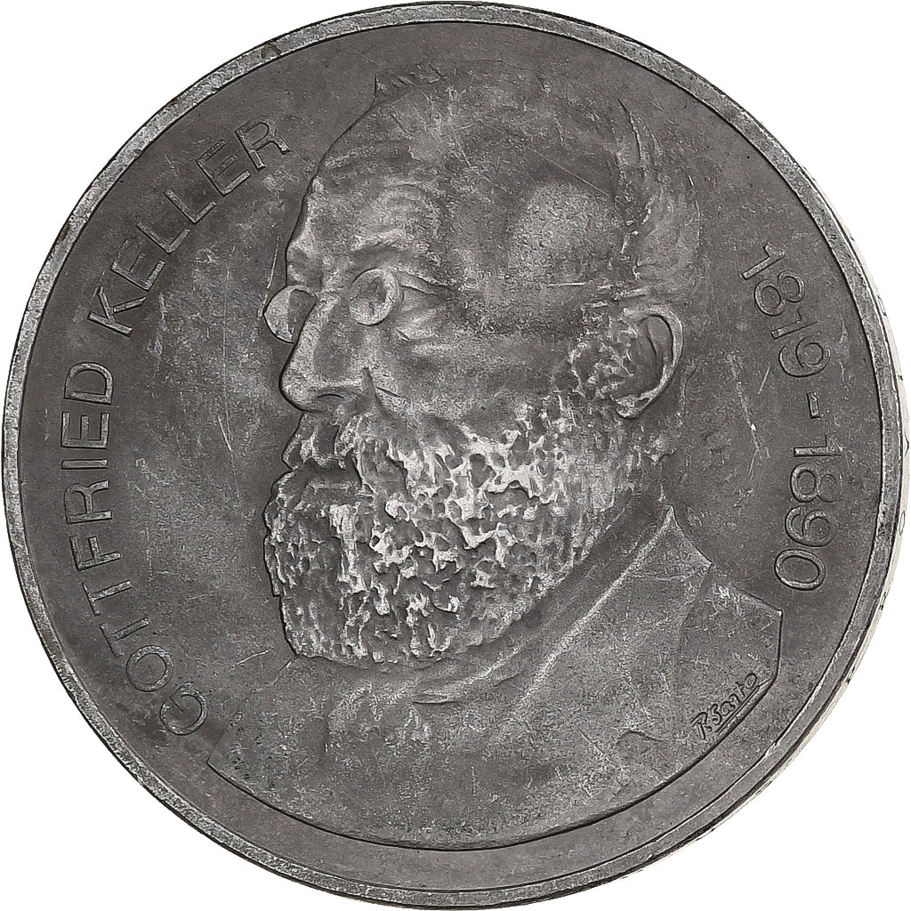 Suiza, 5 Francs, Gottfried Keller, 1990, Bern, Cupronickel, MBC