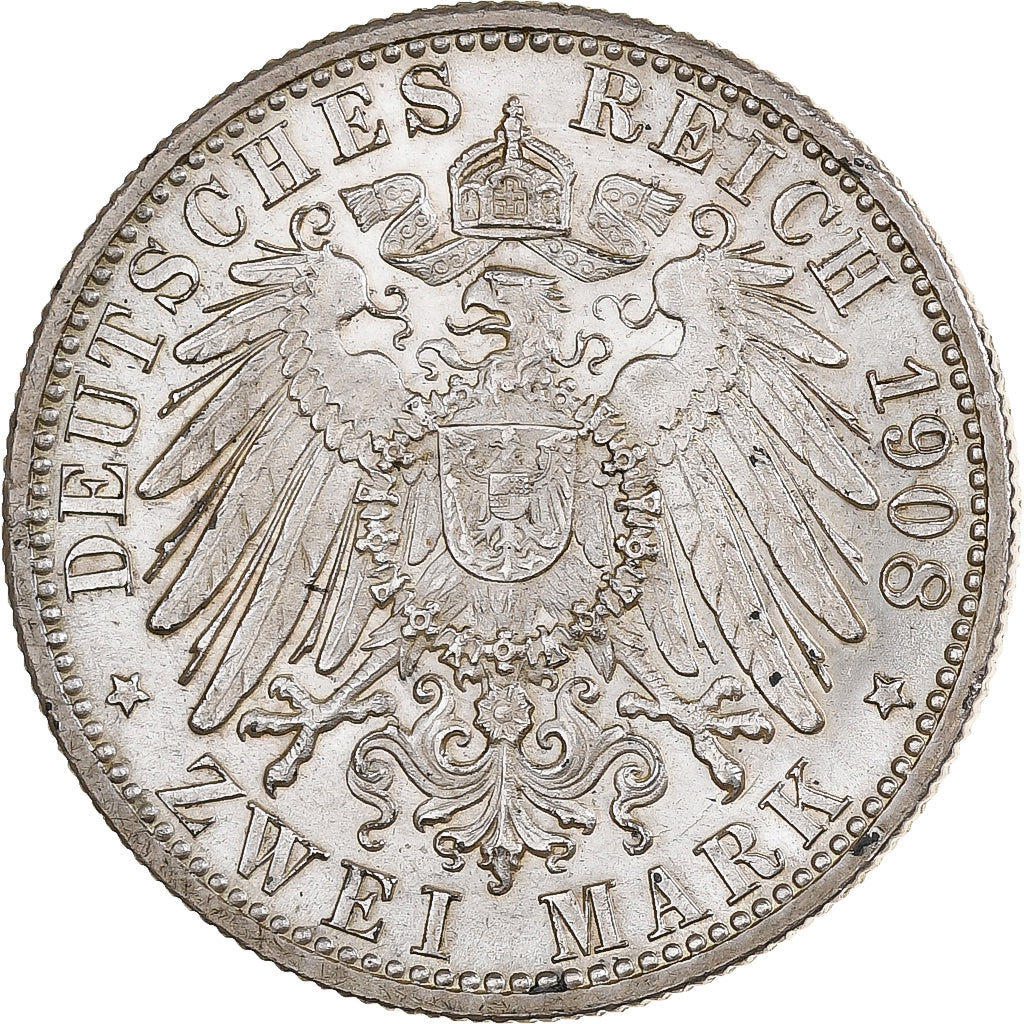 Kingdom of Württemberg, Wilhelm II, 2 Mark, 1908, Stuttgart, Silver, AU(55-58)