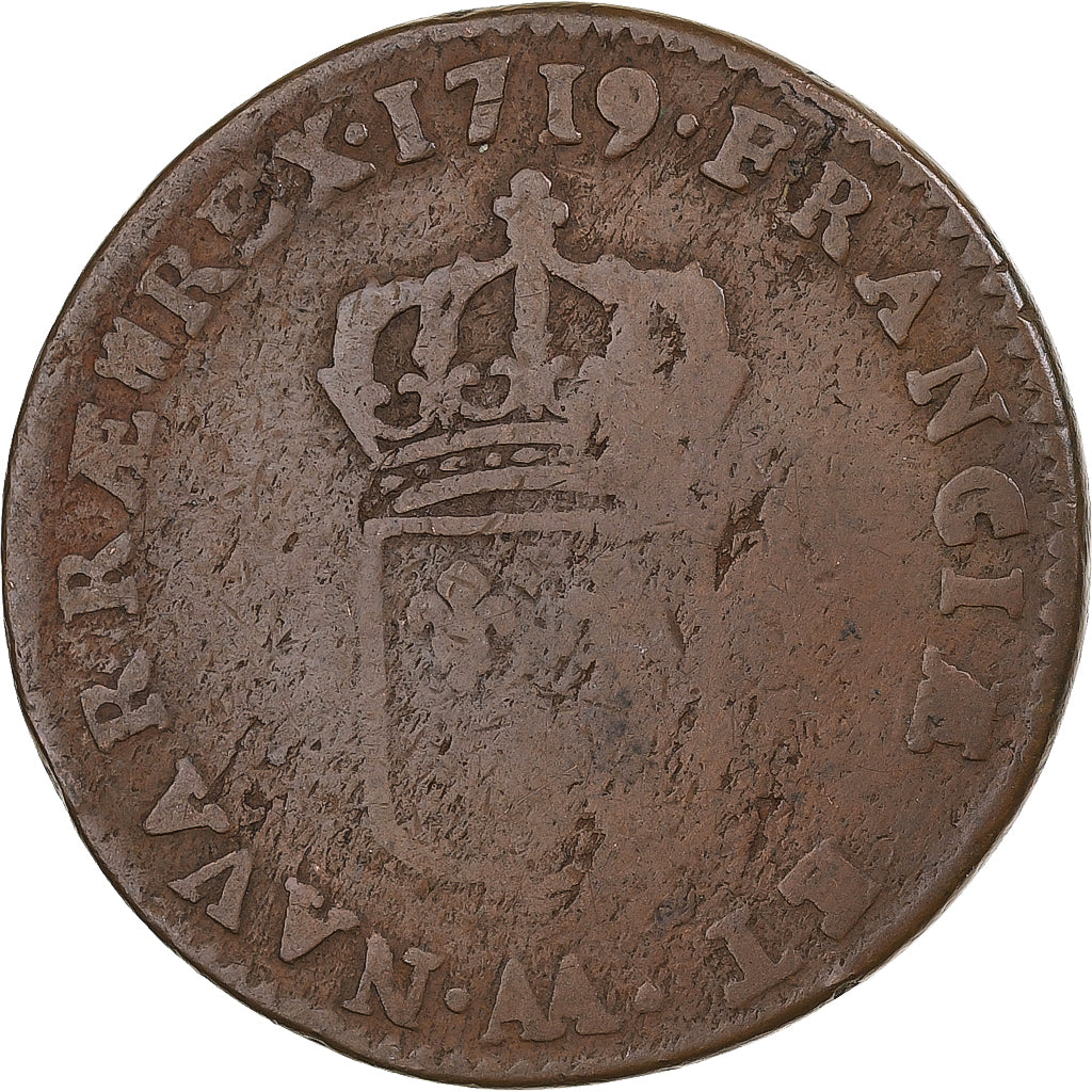 Francia, Louis XV, Sol au buste enfantin, 1719, Metz, Cobre, BC