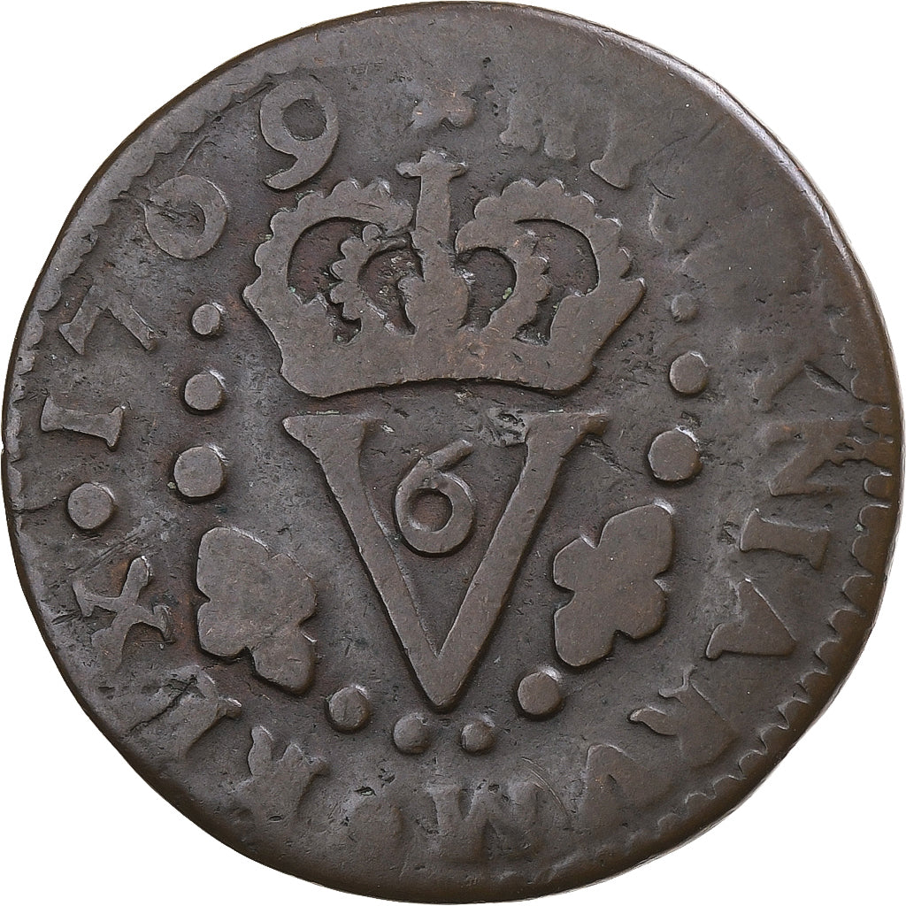 Kingdom of Valencia, Philip V, Seiseno, 1709, Cobre, BC+