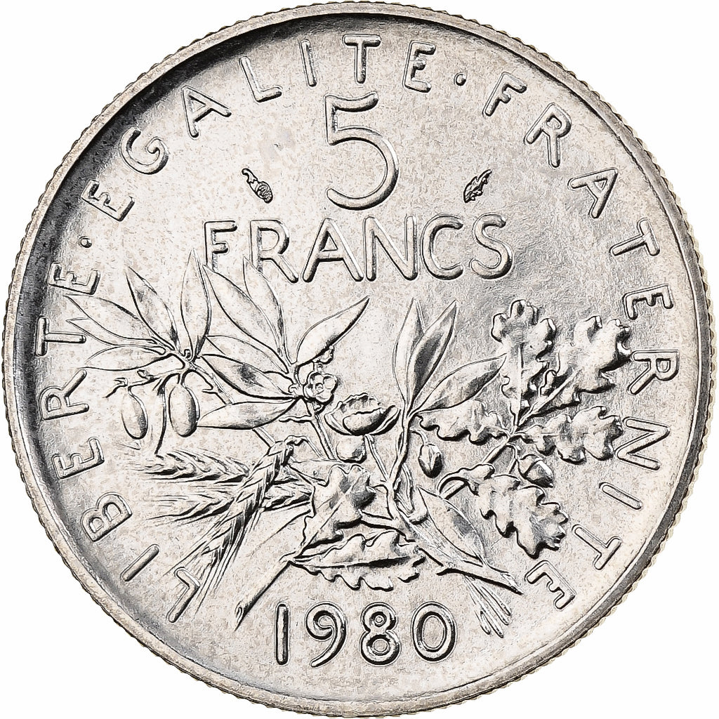 França, 5 Francs, Semeuse, 1980, MDP, série FDC, Níquel Cromado a