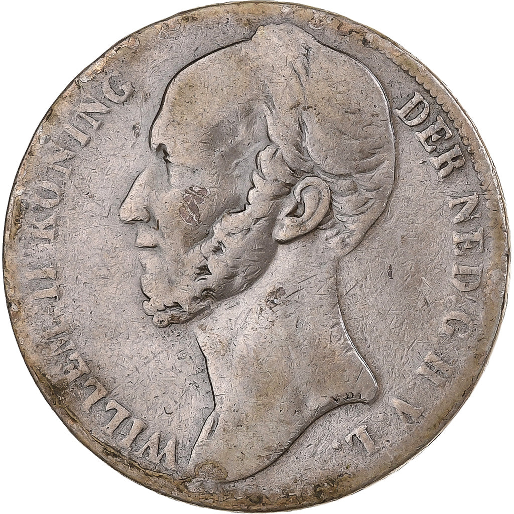 Países Bajos, Willem II, Gulden, 1845, Utrecht, Plata, BC+