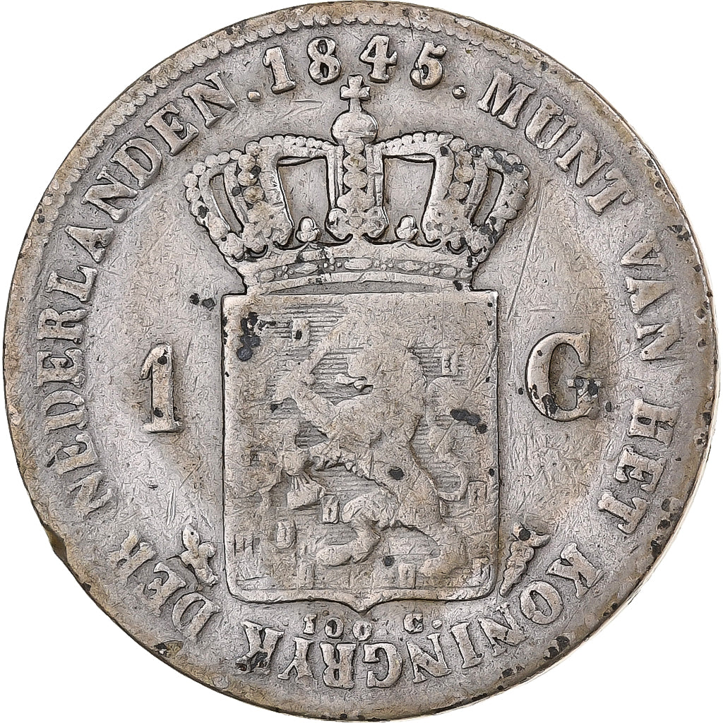 Países Bajos, Willem II, Gulden, 1845, Utrecht, Plata, BC+