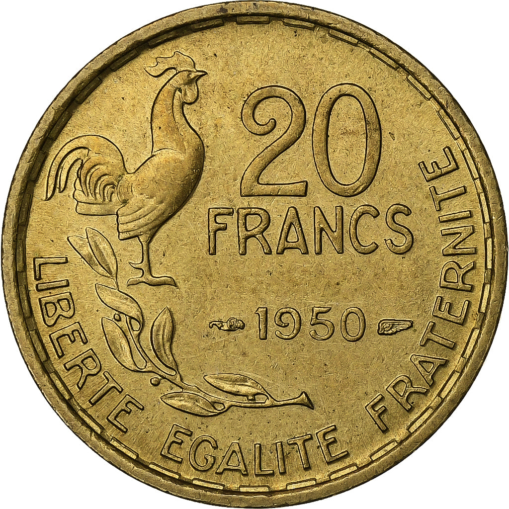 France, 20 Francs, Guiraud, 1950, Paris, Cupro-Aluminium, AU(55-58)