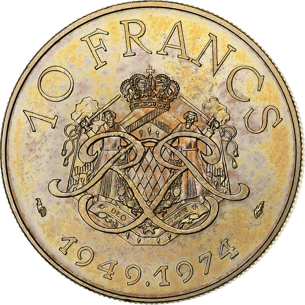 Monaco, Rainier III, 10 Francs, 1974, MDP, série FDC, Miedź-Nikel-Aluminium