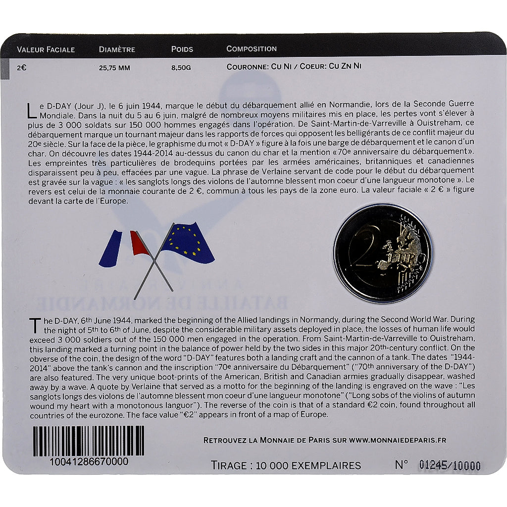 France, 2 Euro, D-day, BU, 2014, MDP, Bi-Metallic, MS(65-70)