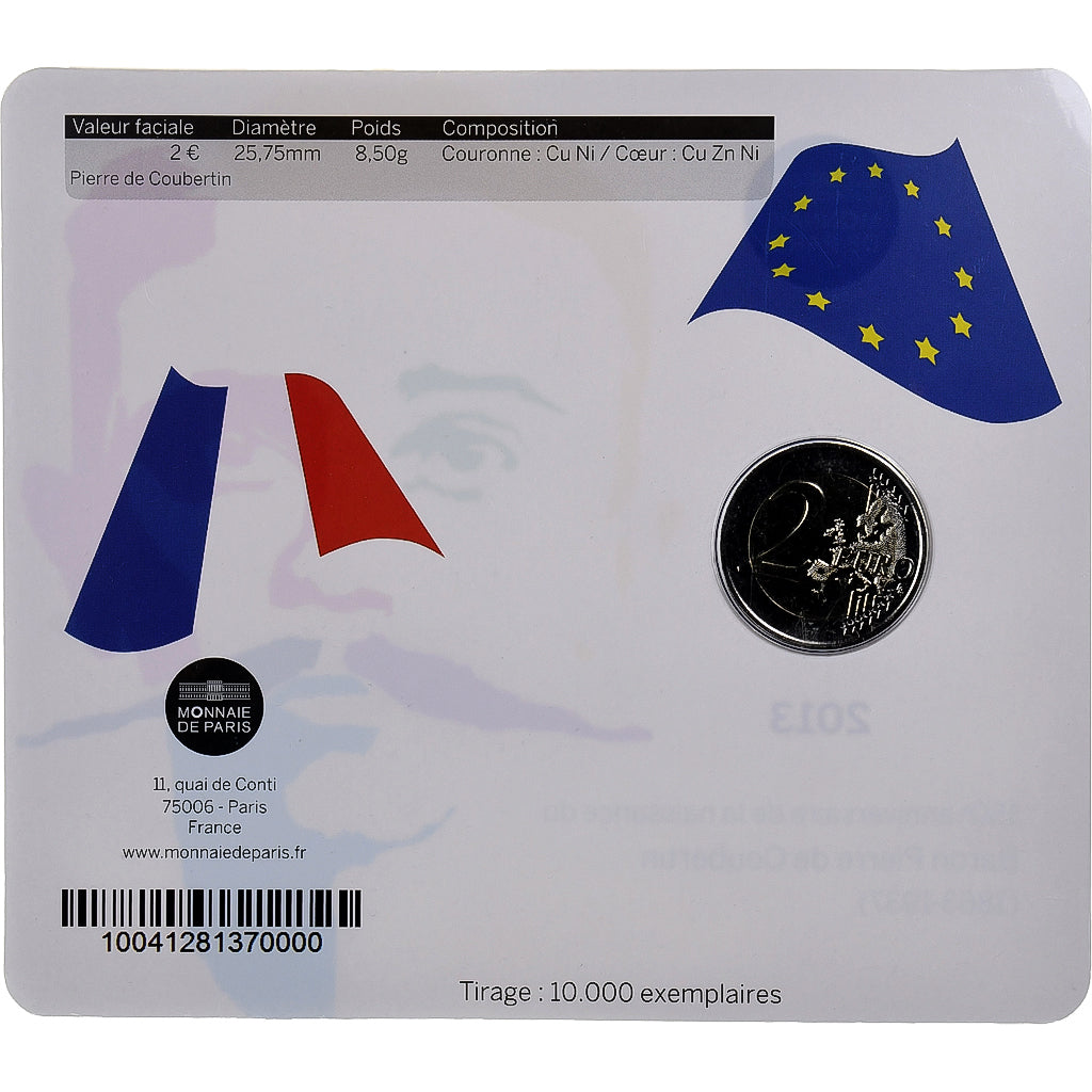 França, 2 Euro, Pierre de Coubertin, BU, 2013, MDP, Bimetálico, MS(65-70)
