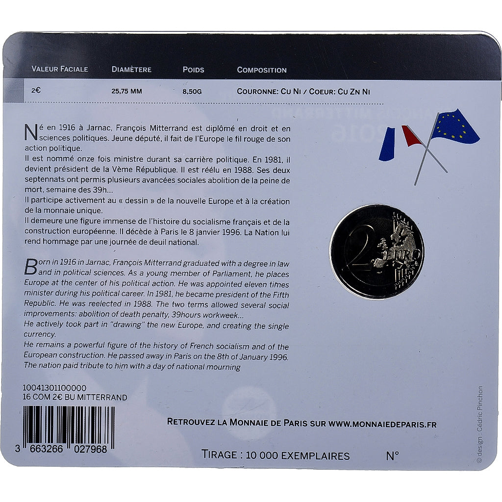 France, 2 Euro, François Mitterrand, BU, 2016, MDP, Bi-Metallic, MS(65-70)