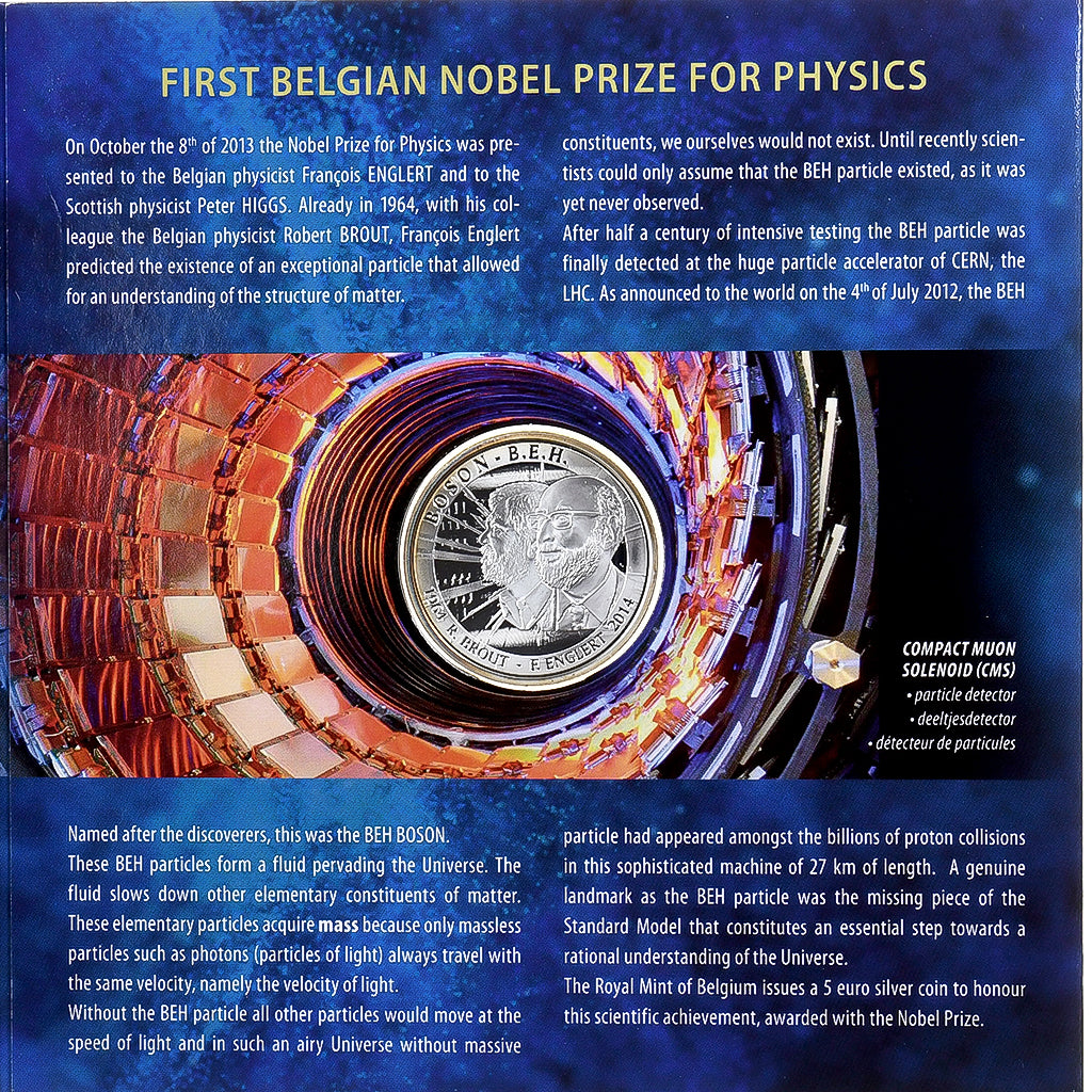 Bélgica, 5 Euro, 50 Years Discovery of the Beh Boson, Prueba, 2014, Brussels