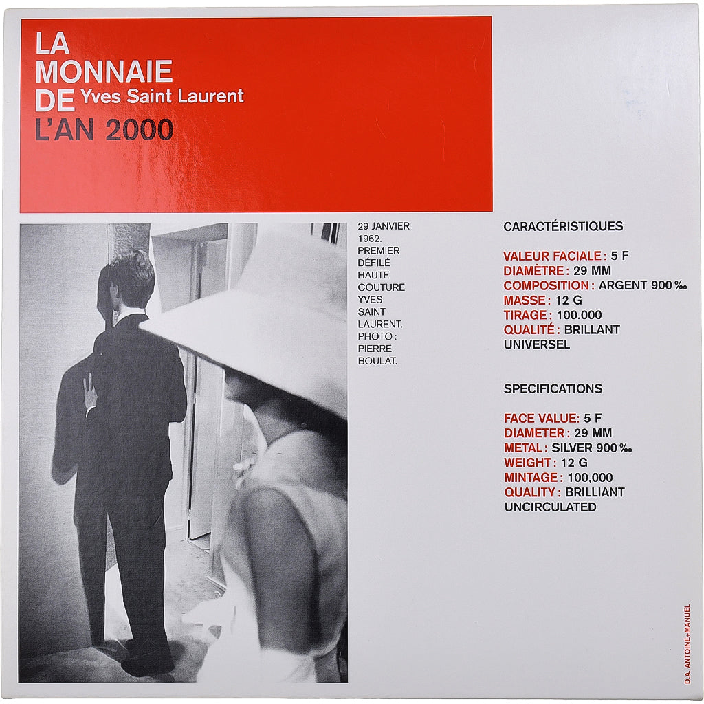 France, 5 Francs, Yves St. Laurent, 2000, MDP, BU, Silver, MS(65-70)