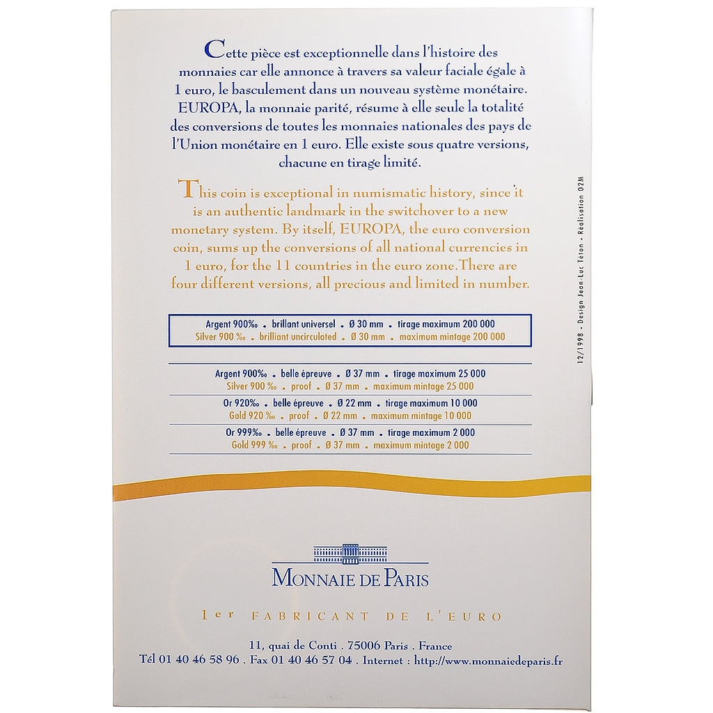 France, 6.55957 Francs, Europa, 1999, MDP, BU, Argent, FDC