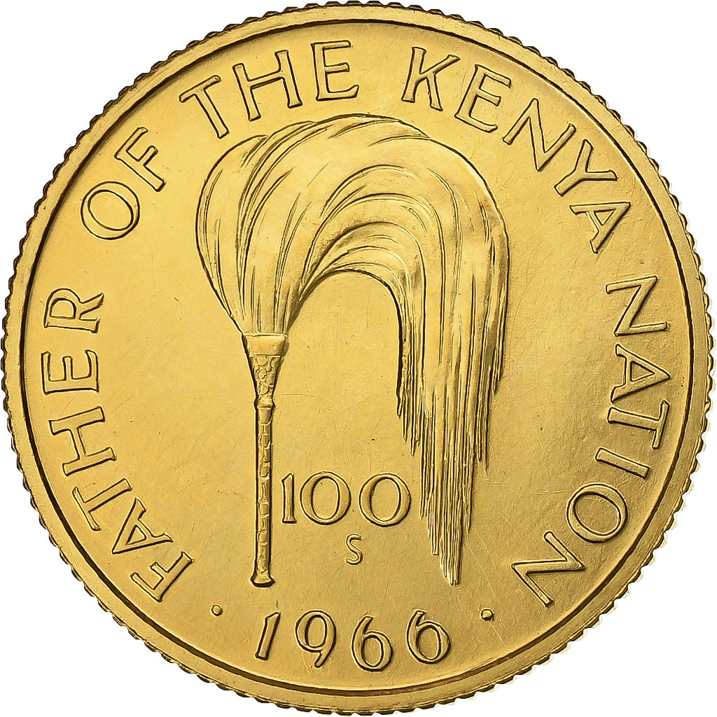 Quénia, 100 Shillings, Mzee Jomo Kenyatta, 1966, London, Dourado, MS(63), KM:7