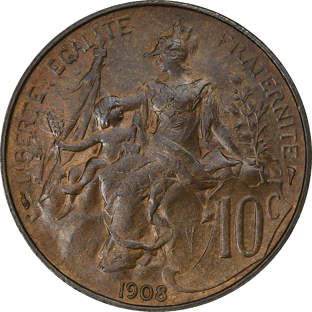 Frankrijk, 10 Centimes, Daniel-Dupuis, 1908, Paris, Bronzen, UNC-