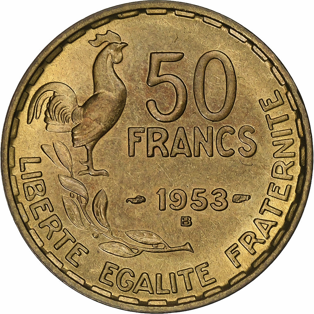 France, 50 Francs, Guiraud, 1953, Beaumont-Le-Roger, Cupro-Aluminium, MS(60-62)