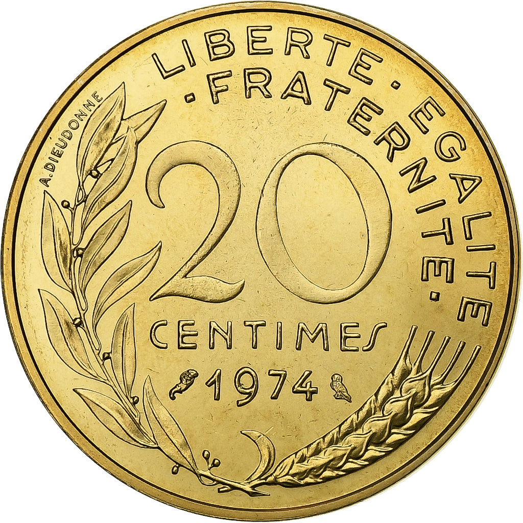 Francja, 20 Centimes, Marianne, 1974, MDP, série FDC, Brąz-Aluminium