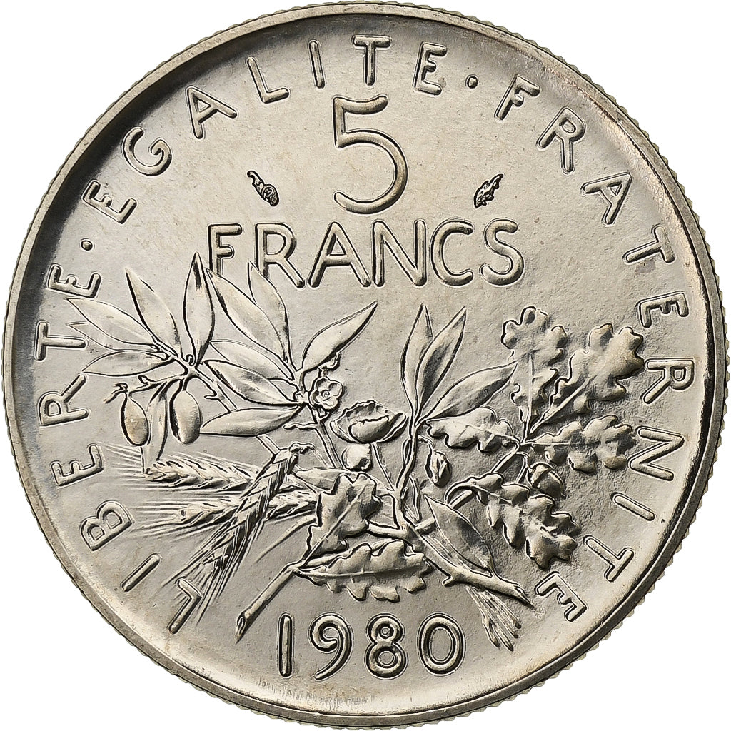 França, 5 Francs, Semeuse, 1980, MDP, série FDC, Níquel Cromado a