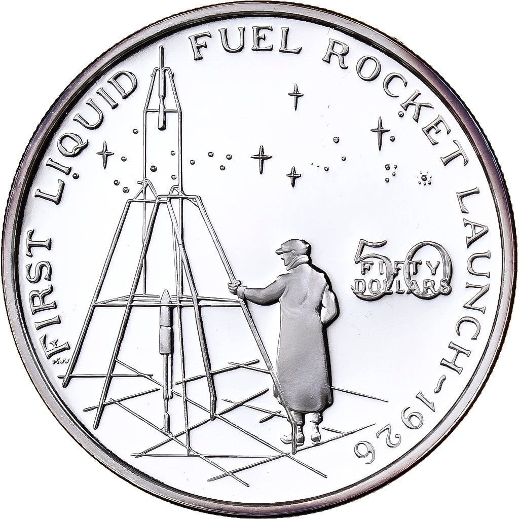 Marshall Islands, 50 Dollars, First Liquid Fuel Rocket Launch, 1989, Sunshine