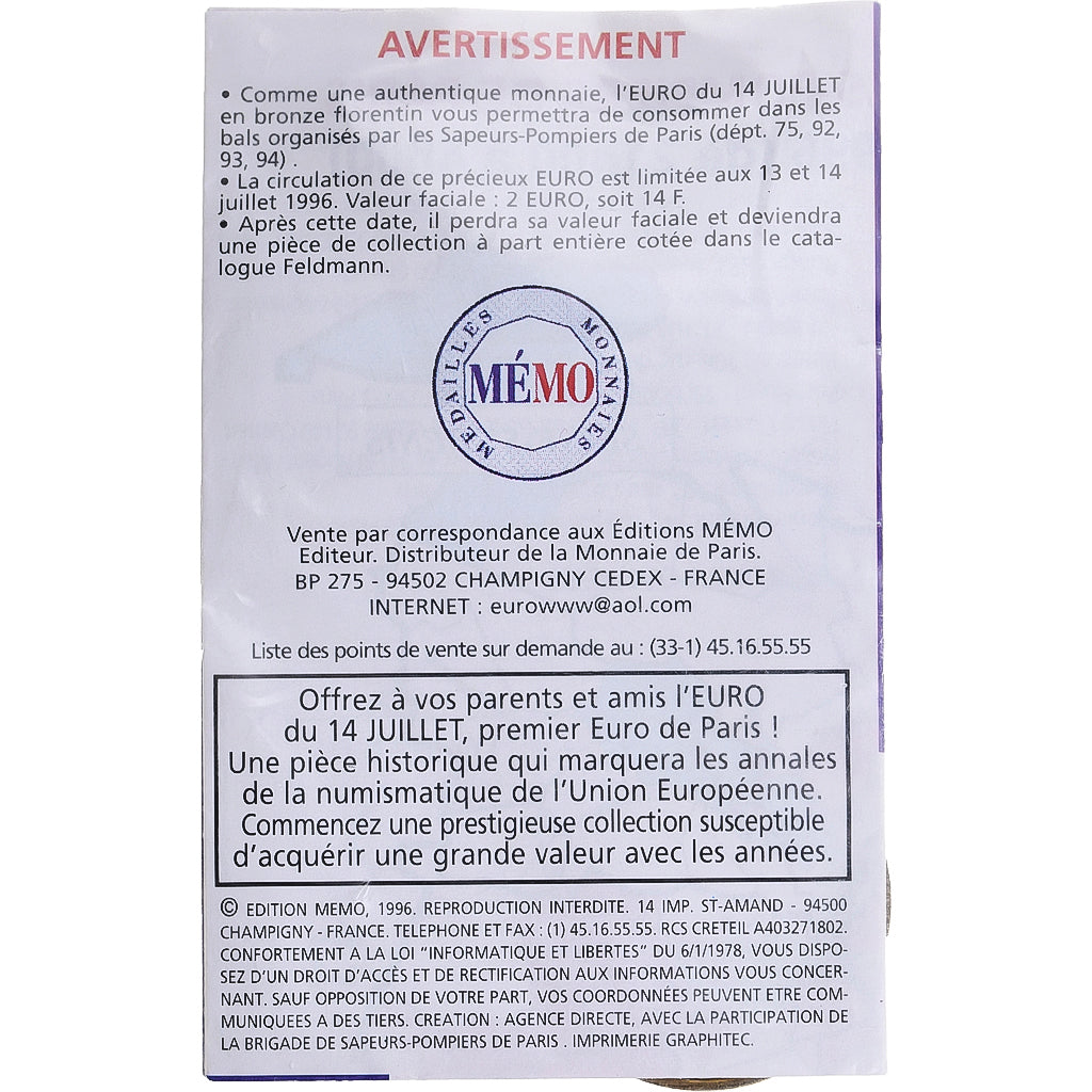 Francia, 2 Euro, Sapeurs-pompiers de Paris, 1996, MDP, Bronzo, SPL+