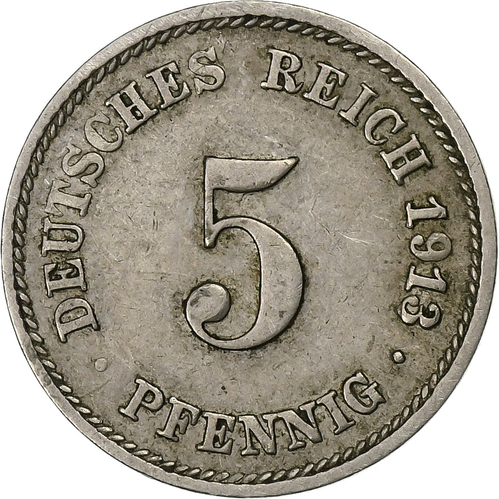 Niemcy, Wilhelm II, 5 Pfennig, 1913, Stuttgart, Miedź-Nikiel, EF(40-45)