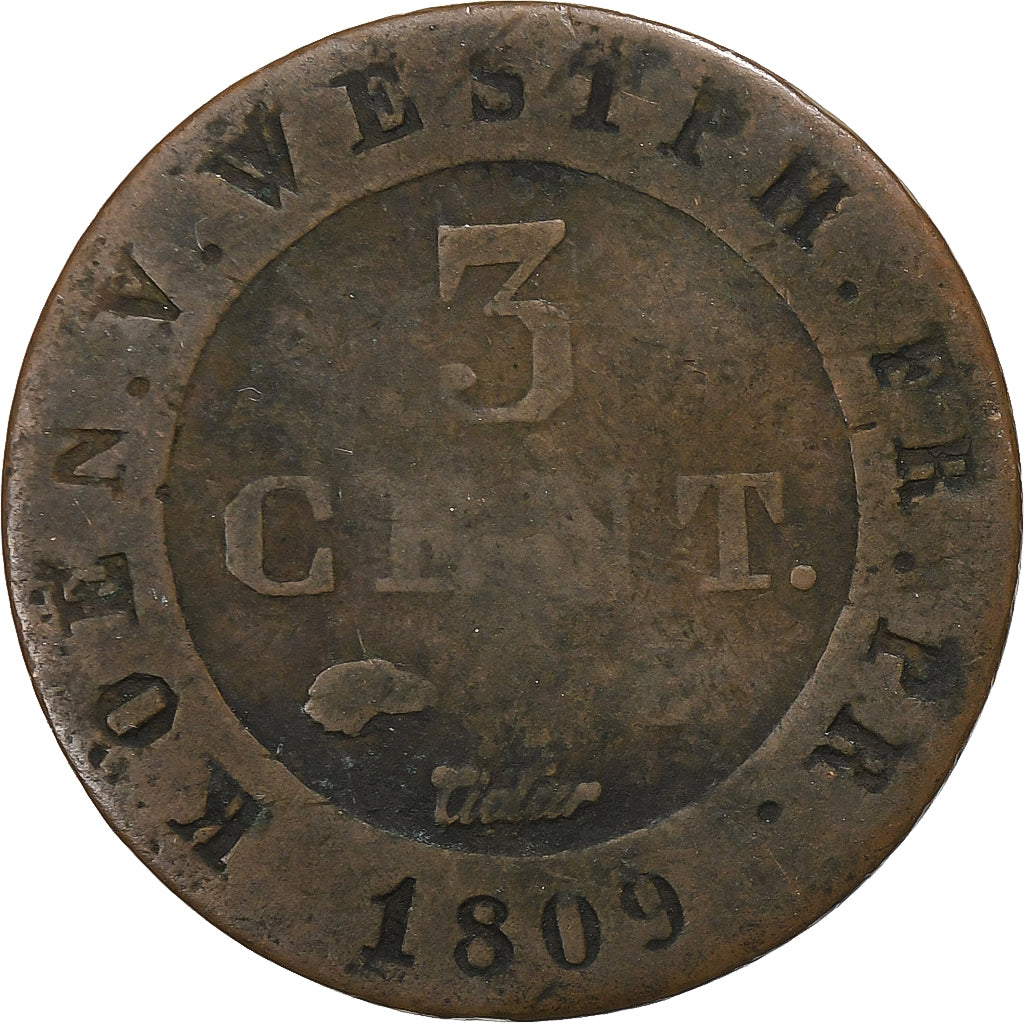 Kingdom of Westphalia, Jérôme Bonaparte, 3 Cents, 1809, Kassel, Rame, MB