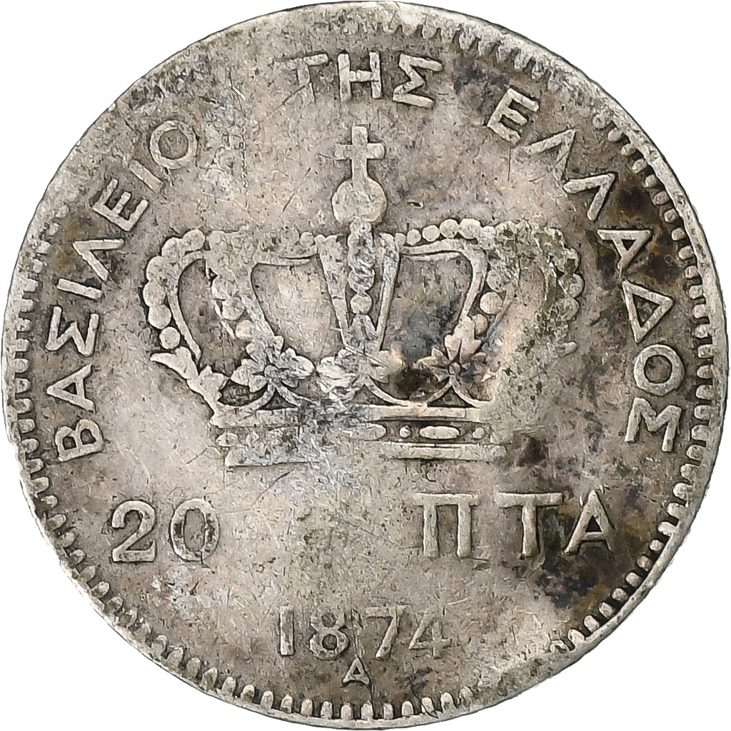 Greece, George I, 20 Lepta, 1874, Paris, Silver, VF(20-25)