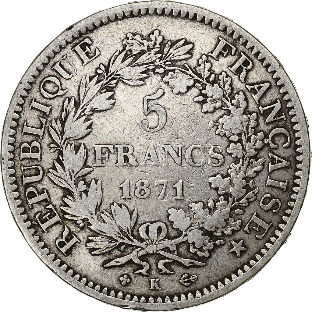 Francja, 5 Francs, Hercule, 1871, Bordeaux, Srebro, VF(20-25), Gadoury:745