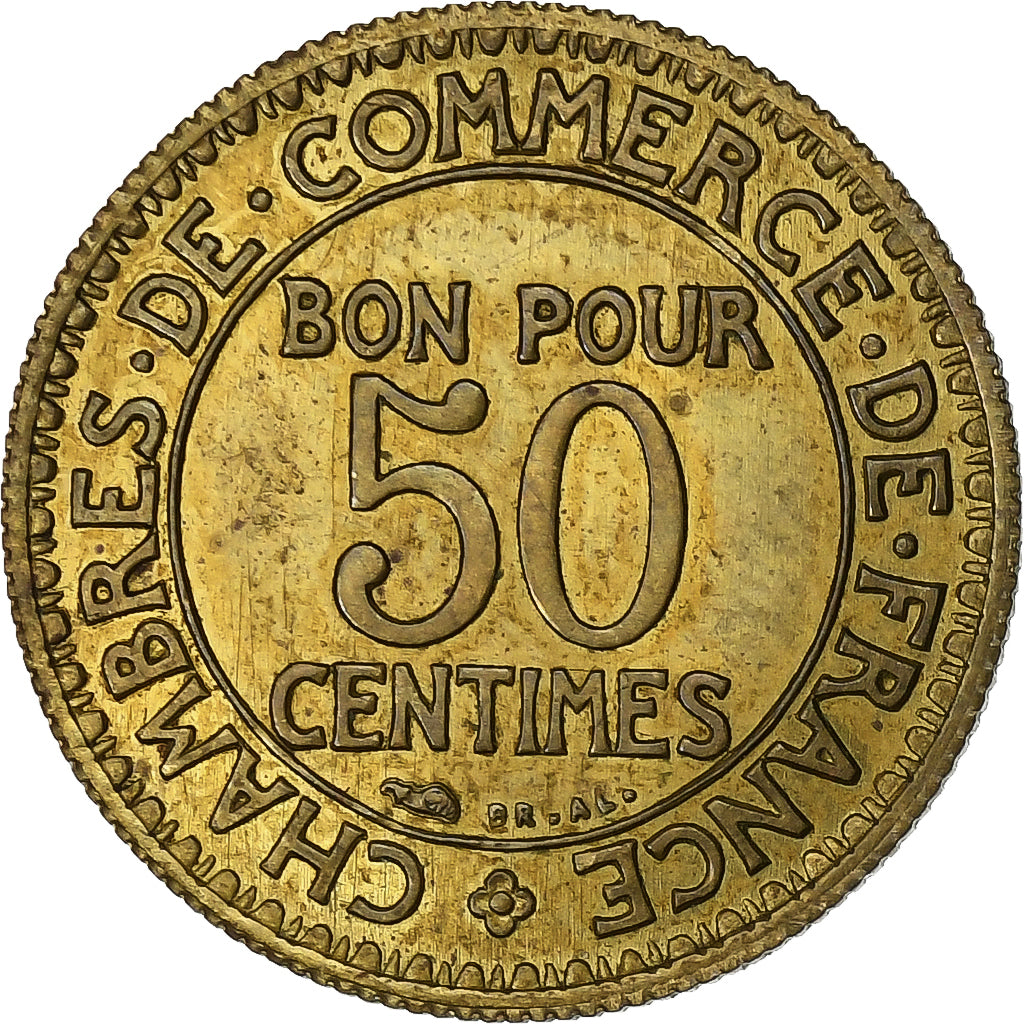 France, 50 Centimes, Chambre de commerce, 1920, Paris, Pattern, Aluminum-Bronze