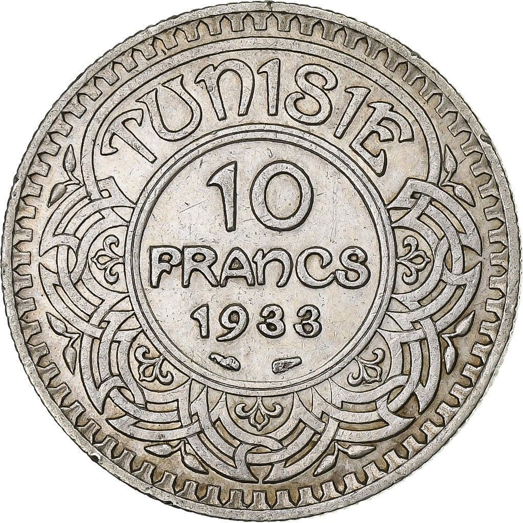Tunisia, Ahmad Pasha Bey, 10 Francs, 1933/AH1352, Paris, Silver, MS(63), KM:255
