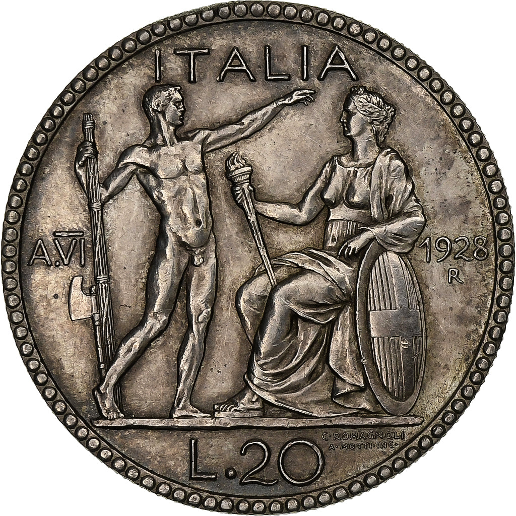 Italië, Vittorio Emanuele III, 20 Lire, 1928, Rome, Zilver, UNC-, KM:69