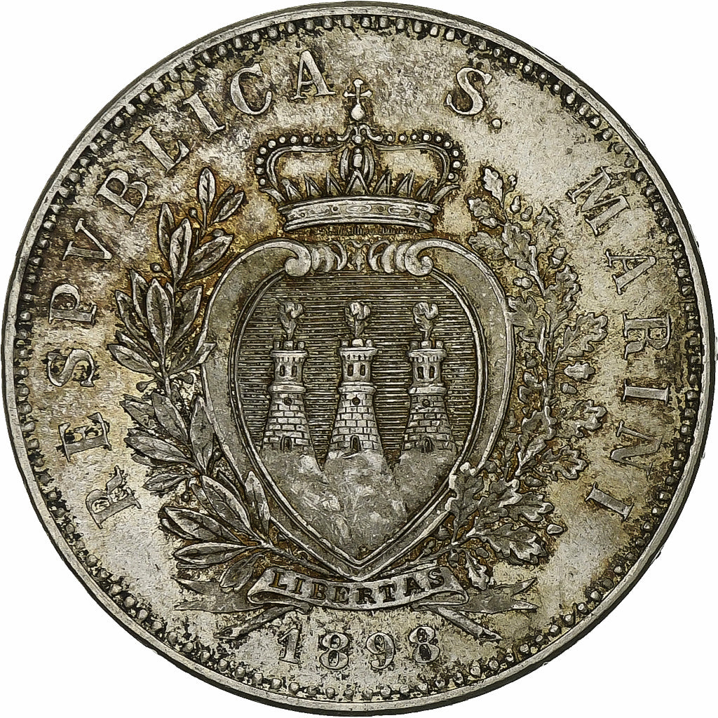San Marino, 5 Lire, 1898, Rome, Zilver, ZF, KM:6