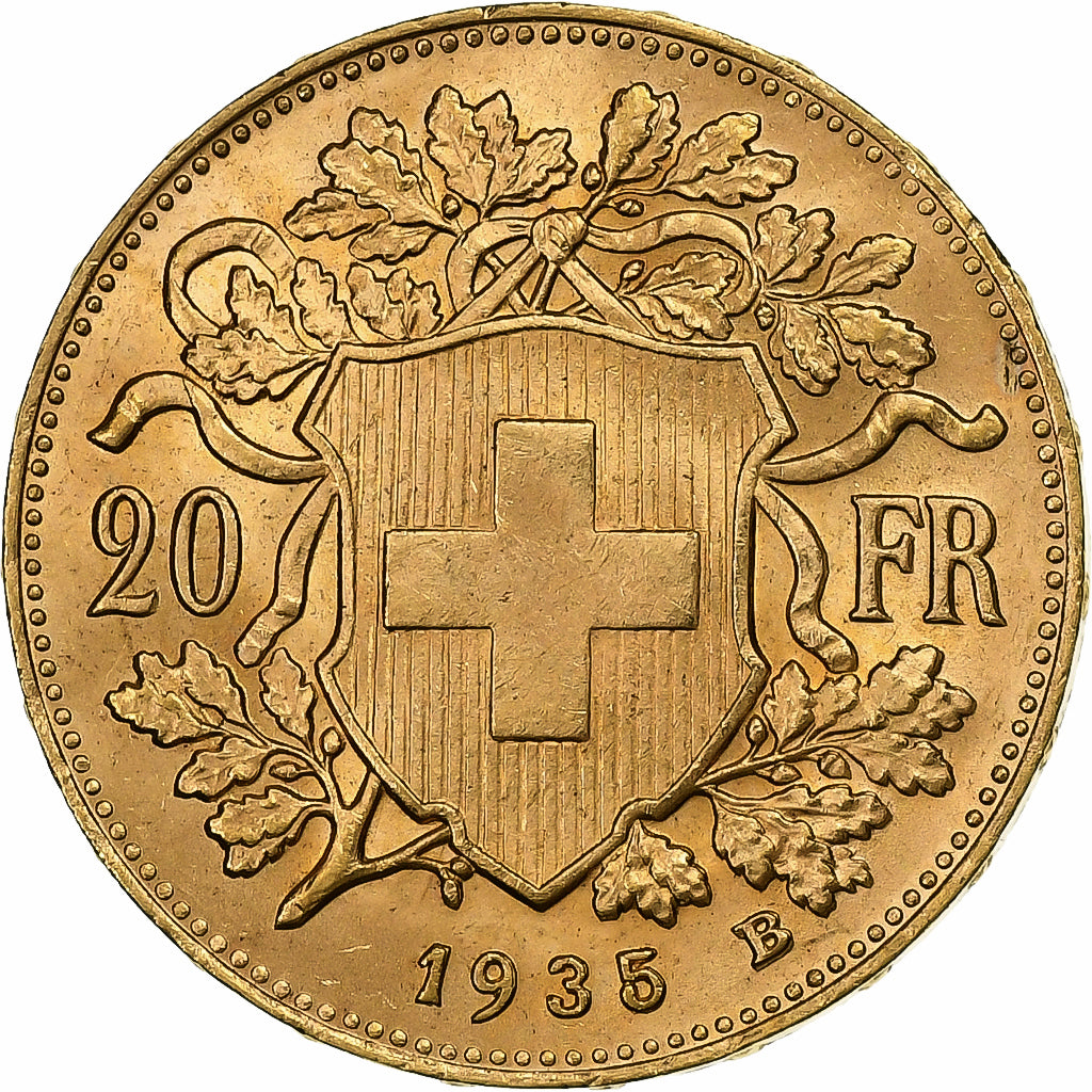 Szwajcaria, 20 Francs, Vreneli, 1935, Bern, Złoto, MS(60-62), KM:35.1