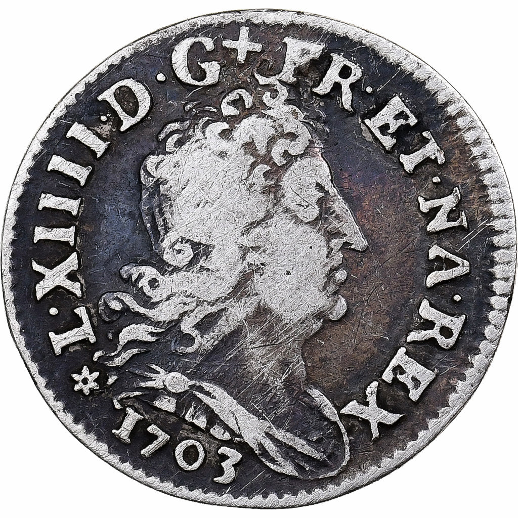 France, Louis XIV, 5 Sols aux insignes, 1703, Strasbourg, Silver, VF(20-25)