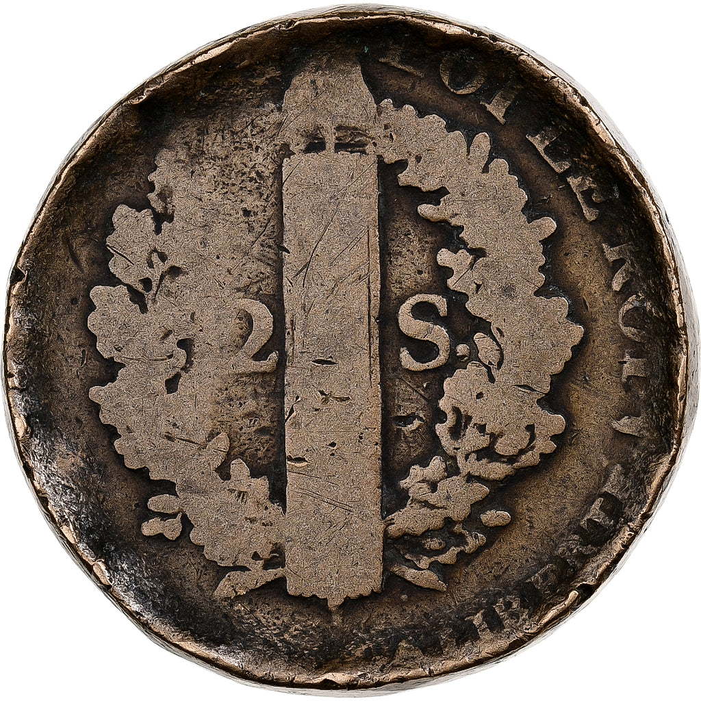 Francia, Louis XVI, 2 sols François, 1792 / AN 4, Lille, Métal de cloche, BC
